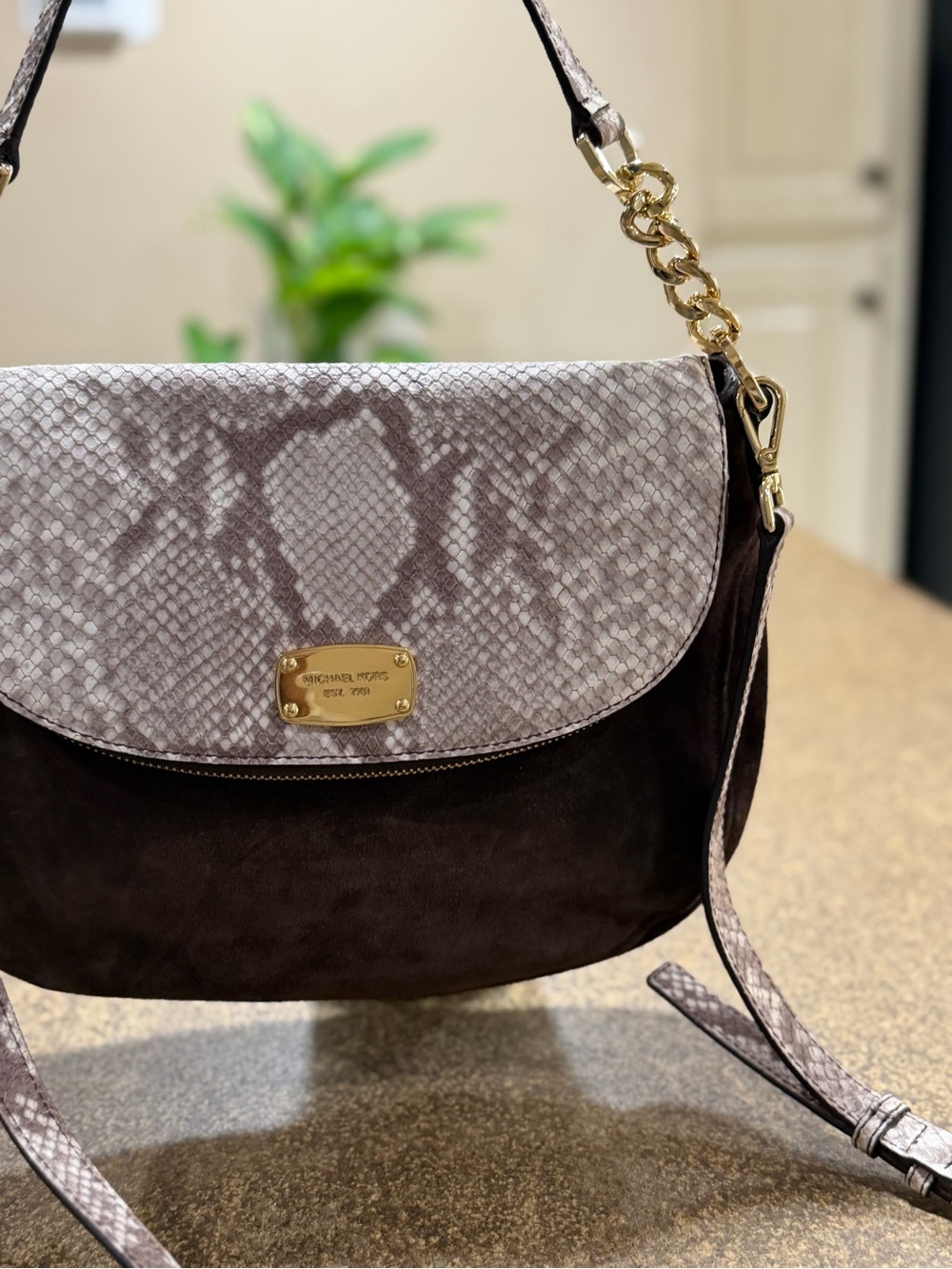 Michael Kors Brown Suede Crossbody with Snake-Print Flap - Picture 2 of 12